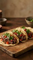 Pulled pork tacos with fresh cilantro and diced red onions served on wooden board with rustic bowls and neutral background for food styling.