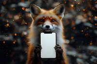 Red fox holding blank smartphone with paws against dark bokeh background with golden light particles for wildlife technology concept.
