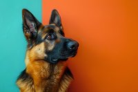 Portrait of alert German Shepherd dog with distinctive black and tan coat against vibrant turquoise and orange background wall, looking up with attentive expression.
