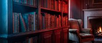 Cozy library interior with wooden bookshelves filled with vintage books, leather armchair and warm fireplace creating atmospheric reading nook.