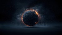 Mysterious dark sphere with glowing orange energy ring floating in misty cosmic space, creating dramatic atmospheric sci-fi scene against starry background.