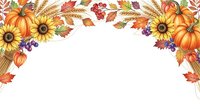 Autumn harvest frame with pumpkins, sunflowers, wheat and colorful fall leaves on white background for seasonal greeting cards and decorations.
