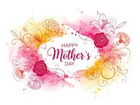 Happy Mother's Day greeting card with watercolor floral frame and decorative roses, lilies and ornamental swirls on white background for celebration design.