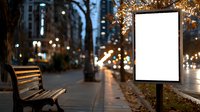 Empty white billboard mockup on city street with wooden bench, autumn leaves and blurred bokeh lights at dusk, urban advertising space for design presentation.