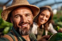 Cheerful bearded Caucasian male farmer in straw hat smiling at camera with female gardener in background during harvest season in organic garden.