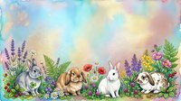 Watercolor Easter bunnies sitting among spring wildflowers on a pastel background, copy space for text, greeting card or invitation design.