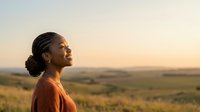 Woman with dark skin tone and braided hair wearing an orange shirt gazes at expansive countryside landscape during golden hour sunset, conveying peace and contemplation for wellness and lifestyle content.