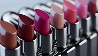 Row of luxury lipsticks in various pink and red shades with metallic black cases, showing rich color pigments in matte and cream finishes on neutral background.