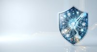 Digital shield with circuit board pattern and glowing core represents cybersecurity, data protection, and network defense technology for business and IT security applications.