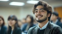 Young Asian businessman smiling confidently during corporate meeting with diverse team of professionals in modern office environment.
