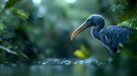 Blue heron standing in shallow water at dawn, side profile with long curved beak against dark green foliage background creating moody nature atmosphere.