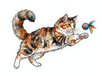 Playful tabby cat with orange and black markings pouncing on a colorful toy ball, isolated on white background. Perfect for pet supplies, greeting cards, and children's designs.