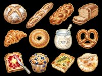 Assorted baked goods and bread collection isolated on transparent background. Ready for bakery designs, t-shirt prints, clipart, stickers, sublimation projects and print-on-demand products.