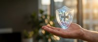Businessman holding glowing shield icon with cross symbol, representing healthcare security, data protection, and medical insurance coverage for digital wellness solutions.