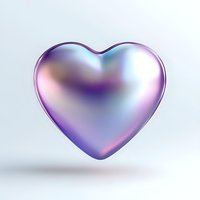 Holographic heart shape with iridescent purple and silver metallic surface floating on light background. Romantic symbol for Valentine's day and love designs.