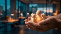Young professional male hands holding glowing light bulbs against blurred office background, representing innovation, ideas, and business solutions for corporate design projects.