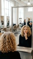 Middle-aged Caucasian woman with curly blonde hair looking at herself in salon mirror, contemplating appearance in modern hair salon interior.