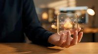Businessman holding glowing house hologram in palm, symbolizing smart home technology, real estate investment, and digital property management solutions for modern housing.