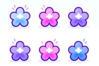 Cute cartoon flower icons in pink, purple and blue colors with soft glow effect on white background. Isolated elements for digital design and stickers.