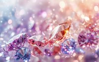 Luxurious diamonds and crystals in pink and purple colors with soft bokeh lighting effects create dreamy romantic background perfect for jewelry advertising and luxury designs.
