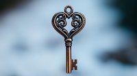 Vintage ornate bronze key with heart-shaped bow against blurred blue background. Decorative antique skeleton key with romantic filigree design for jewelry or decor.