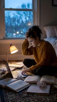 Young woman in mustard sweater studying late at night with laptop and books by window. Student working from home during evening hours with warm lamp lighting.
