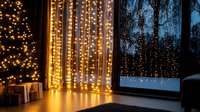 Cozy winter evening with glowing string lights curtain near window, wrapped gifts and falling snow outside creating magical holiday atmosphere.