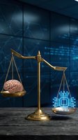 Golden scales of justice balancing human brain against glowing AI microchip processor in modern tech office environment for artificial intelligence ethics concepts.