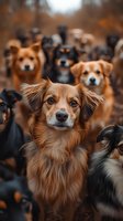 Group of mixed breed dogs with focus on brown fluffy dog in foreground, outdoor autumn setting with warm bokeh background for pet care and animal welfare concepts.