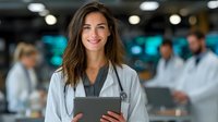Young female doctor with stethoscope holding digital tablet in modern hospital setting with medical team colleagues in background for healthcare technology.