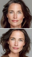 Comparison of mature woman's face showing aging process with split-screen effect, highlighting natural beauty and skin texture changes over time.