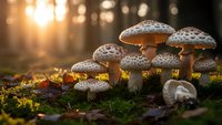 Group of spotted mushrooms growing on forest floor with warm sunlight filtering through trees creating magical autumn atmosphere in woodland setting.