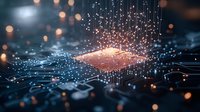 Glowing microchip with digital connections and light particles on dark background, representing advanced technology and computing power.