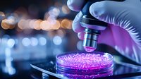 Laboratory scientist examining petri dish with glowing purple bacteria culture under microscope lens against blurred bokeh background in medical research facility.