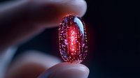 Red glowing futuristic pill held between fingers against dark background, representing advanced medical technology or sci-fi pharmaceutical concept.