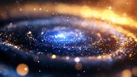 Mesmerizing spiral galaxy with glowing blue core and golden dust clouds swirling through deep space, creating dramatic cosmic atmosphere with bokeh light effects.
