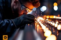 Skilled welder in protective gear working with metal, creating bright sparks against dark background with bokeh lights creating atmospheric industrial scene.