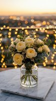 Elegant cream roses bouquet in glass vase on marble surface with warm bokeh lights at sunset creating romantic atmosphere for special occasions.