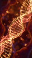 Glowing DNA double helix structure with golden light particles against warm amber and burgundy bokeh background, suitable for genetics, biotechnology, medical research, and science education.
