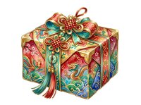 Ornate gift box with decorative bow and tassel featuring vibrant floral patterns, gold accents, and jewel tones. Isolated on white background, ready for holiday, celebration, and packaging design projects.