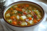 Homemade potato soup with carrots, bacon bits and fresh herbs in ceramic bowl. Clear broth garnished with parsley shows chunky vegetables and savory ingredients.