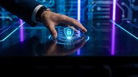 Male hand touching glowing cybersecurity shield icon on dark digital surface, representing data protection and network security technology.
