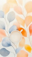White coffee cup on floral background with delicate watercolor leaves in soft blue, peach and orange tones creating gentle botanical pattern for cafe menu design.
