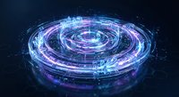 Futuristic holographic interface with glowing blue and purple circular data rings displaying digital information on dark background for technology concepts.