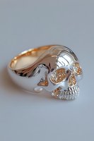 Shiny metallic skull ring with intricate details and reflective surface on light background, featuring anatomical design and polished finish.