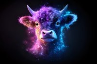 Mystical cow head emerging from cosmic dust and colorful nebula effects, split in vibrant pink and blue colors against black background, creating surreal artistic portrait.