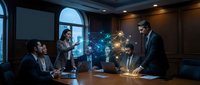Business professionals analyzing holographic data visualization in modern conference room meeting with digital technology interface.