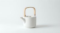 White ceramic teapot with wooden handle isolated on white background, ready for product design, packaging, and kitchenware marketing materials.