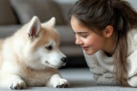 Young woman bonding with adorable husky puppy in cozy home setting. Tender moment between pet owner and fluffy dog showcasing companionship and love.