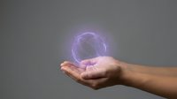 Hands holding glowing purple energy sphere with electric effects against gray background for technology and innovation concepts.